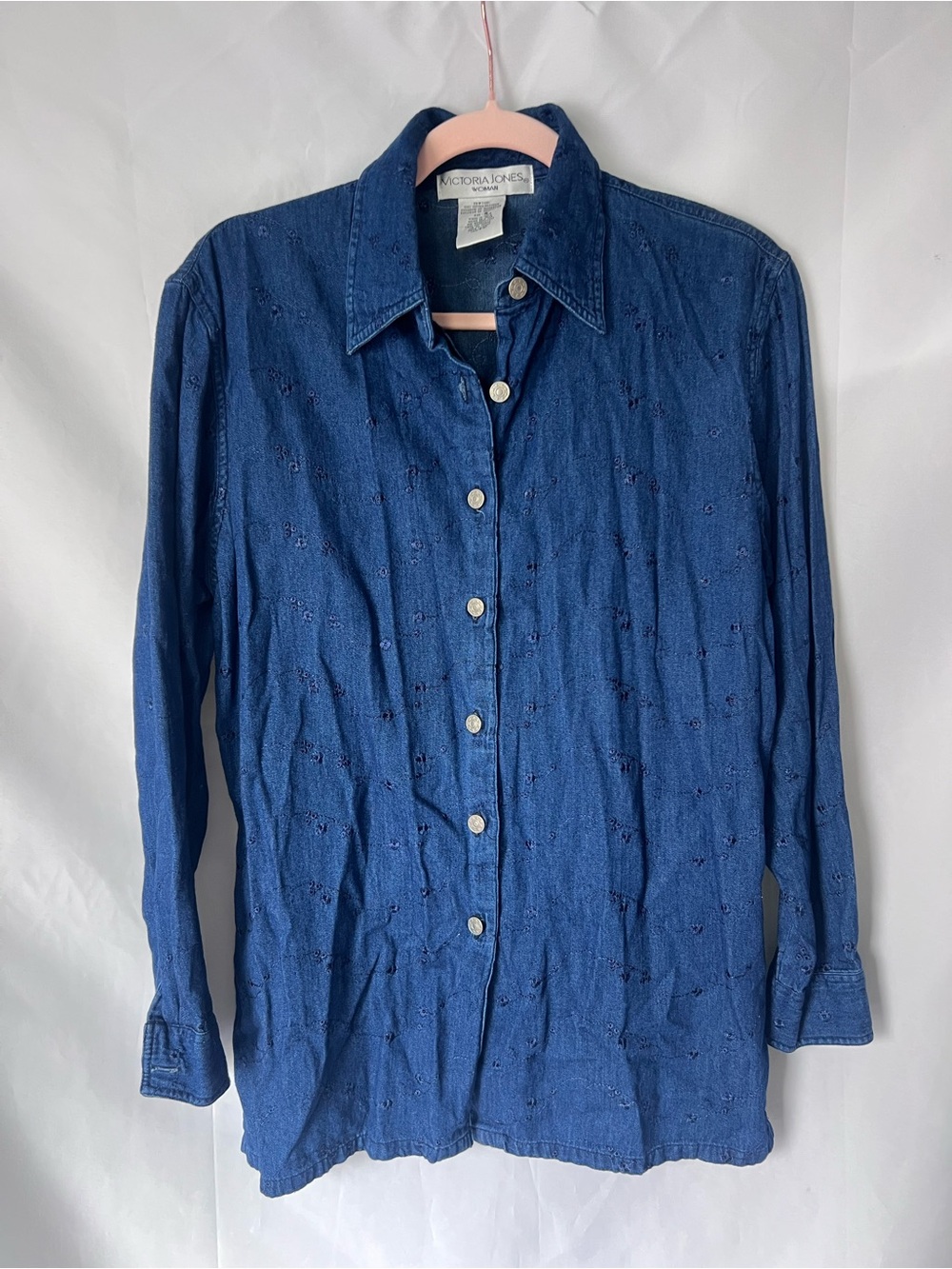 Women’s Vintage VICTORIA JONES 100% Cotton Floral Eyelet Jean Button Up